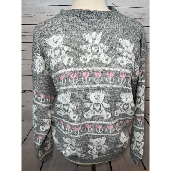 NWT Adele Knitwear Sweater Large Teddy Bears Heart Acrylic USA 80s Vintage Gray - Picture 3 of 10